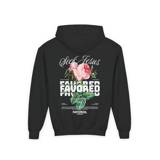 FAVORED. Kids Seek Jesus Roses Hoodie
