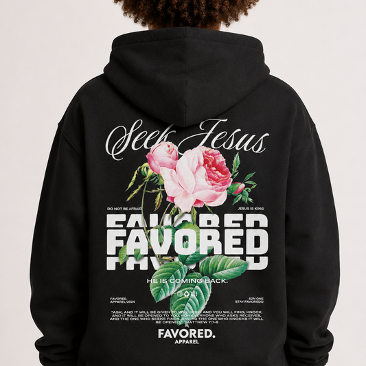FAVORED. Kids Seek Jesus Roses Hoodie