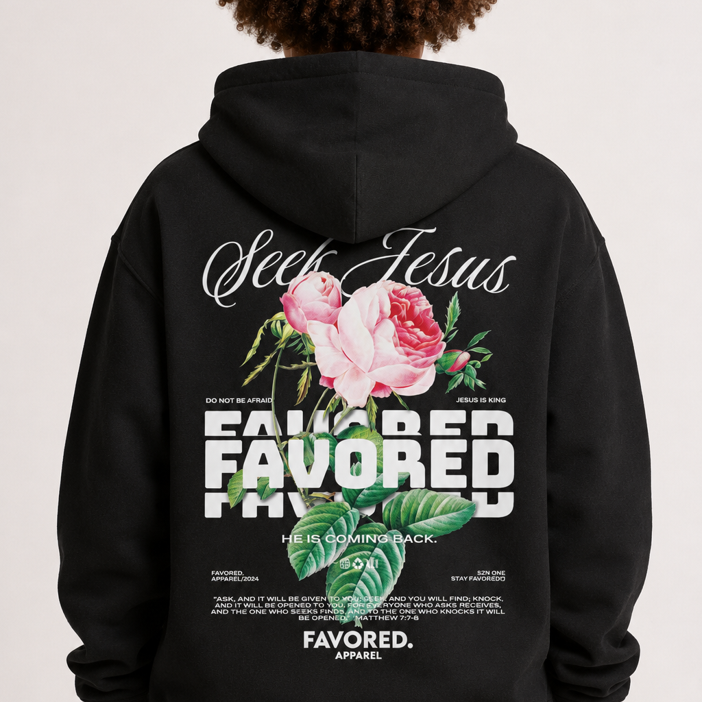 FAVORED. Kids Seek Jesus Roses Hoodie
